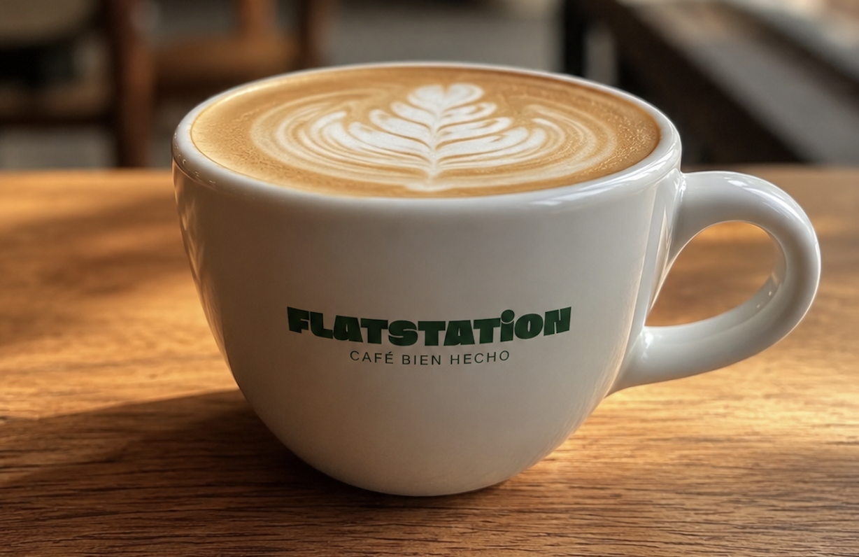 Flat white con arte latte servido en Flat Station